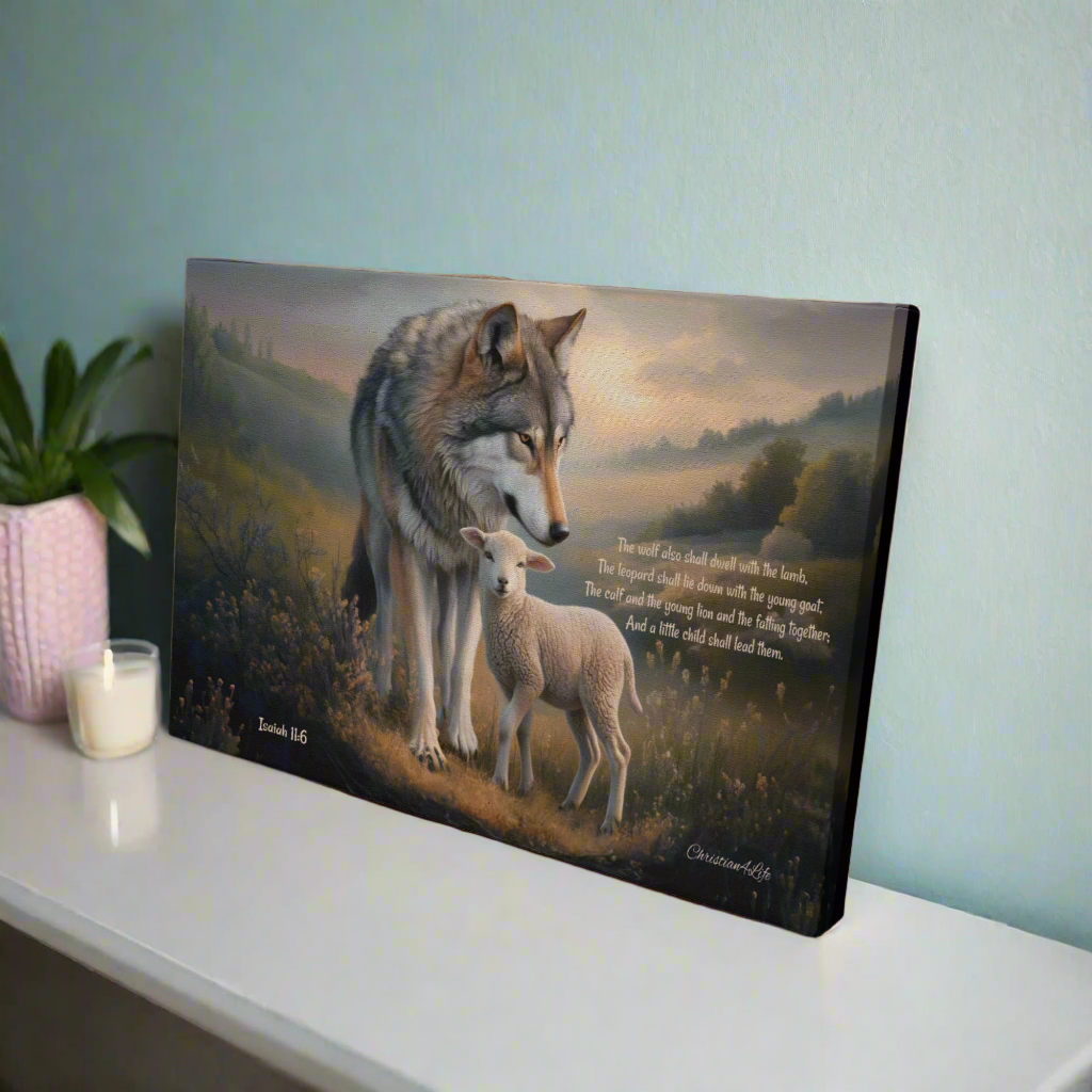 Wolf and Lamb, Christian Wall Art, Gallery Wrapped Canvas, with Isaiah 11:6 Quote