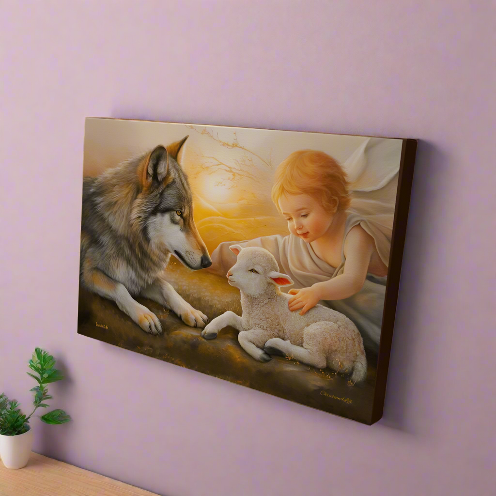 Wolf and Lamb, Gallery Wrapped Christian Wall Art Canvas