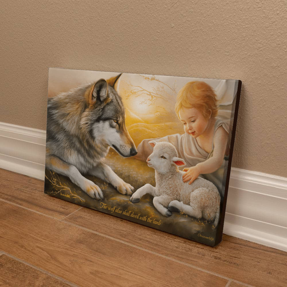 Wolf, Lamb and Child, Gallery Wrapped Christian Wall Art Canvas with Quote