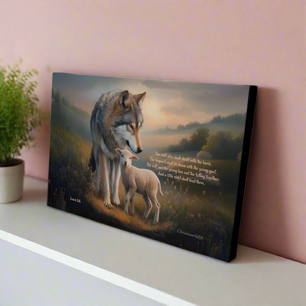 Wolf, Lamb and Child, Christian Wall Art, Gallery Wrapped Canvas, with Isaiah 11:6 Quote