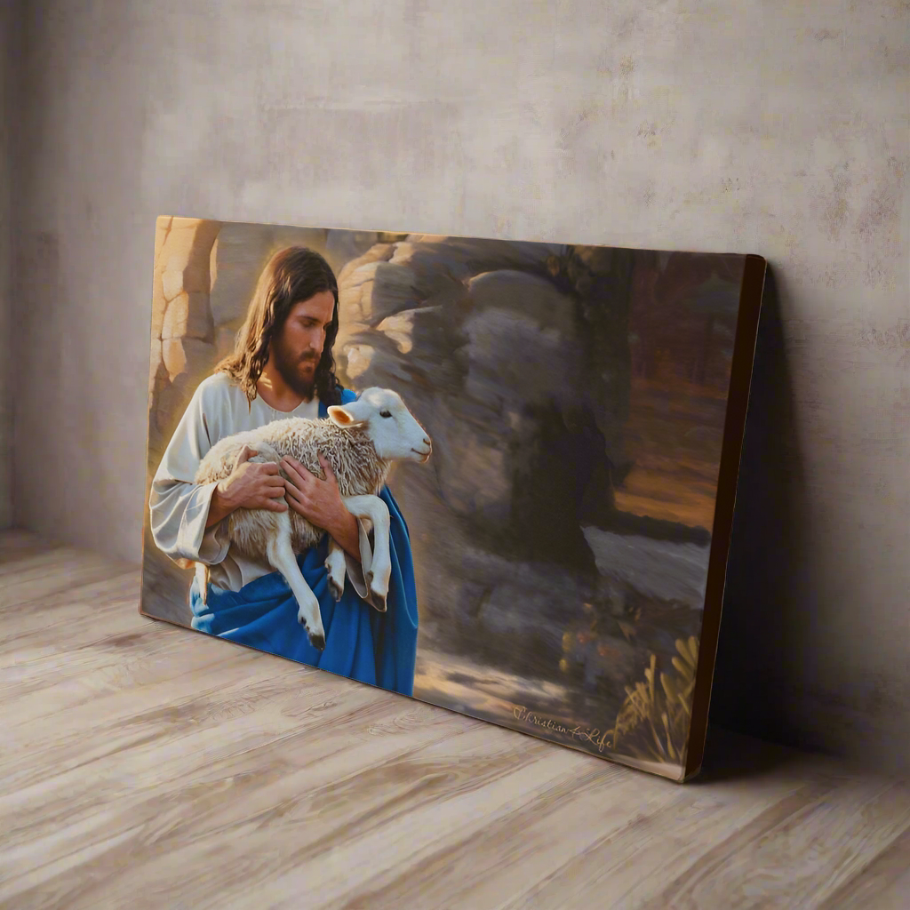 Shepherd holding sheep - Beautiful Gallery Wrapped Christian Canvas Canvas Christian4Life