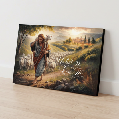 Canvas print of a shepherd with sheep in a landscape, featuring text on a white wall.