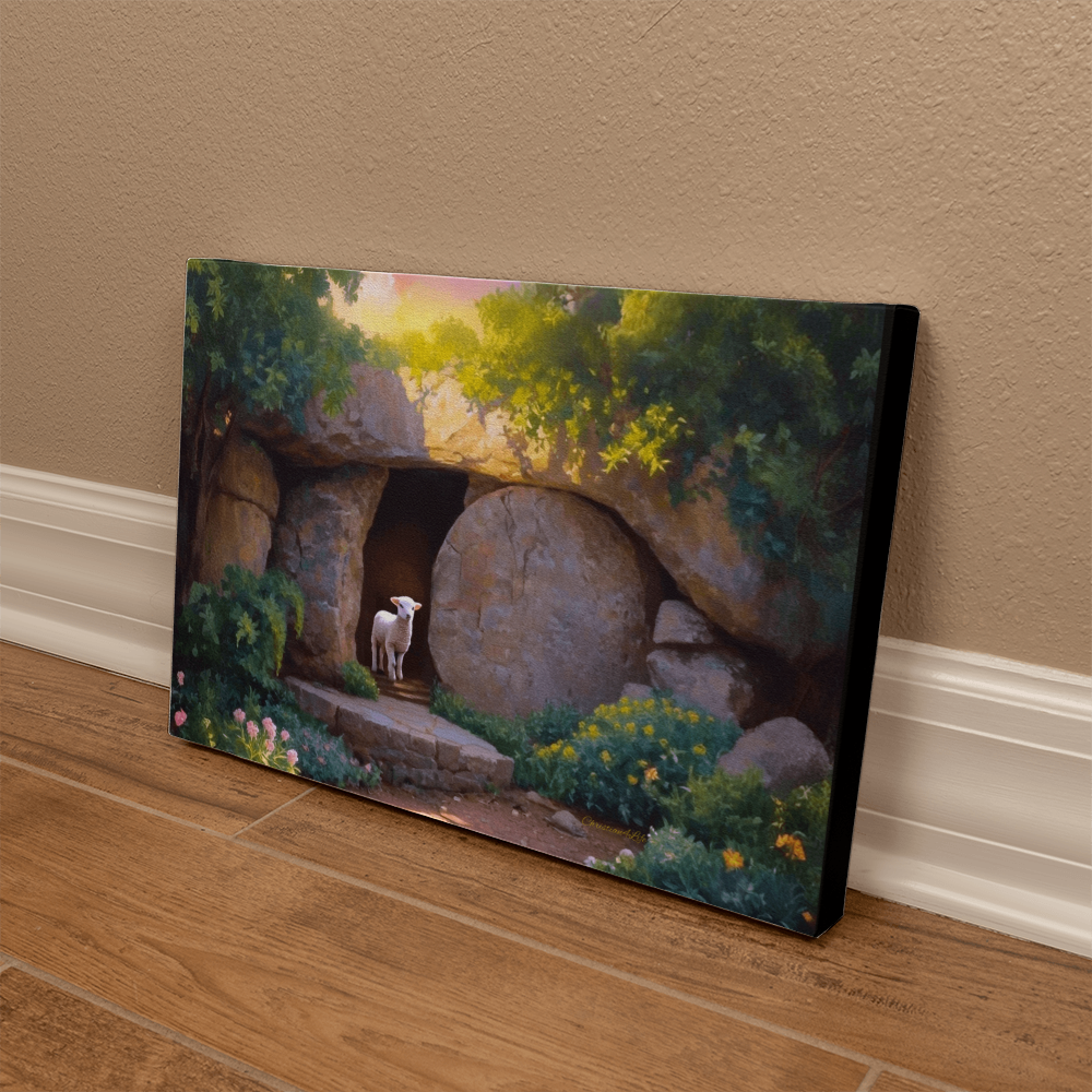 He is Risen, Tomb and Lamb Christian Wall Art  Wrapped Canvas, Easter, 18" x 12", 30" x 20" or 36" x 24"