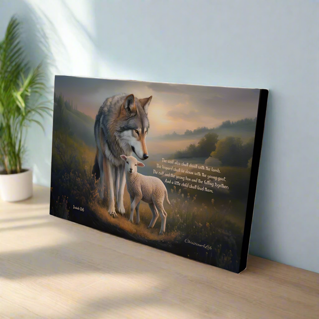 Wolf, Lamb and Child, Christian Wall Art, Gallery Wrapped Canvas, with Isaiah 11:6 Quote