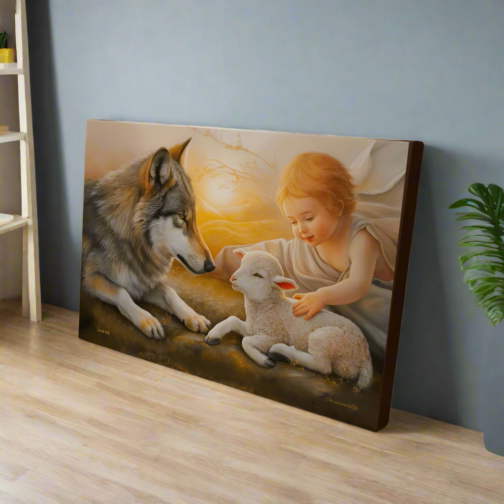 Wolf and Lamb, Gallery Wrapped Christian Wall Art Canvas