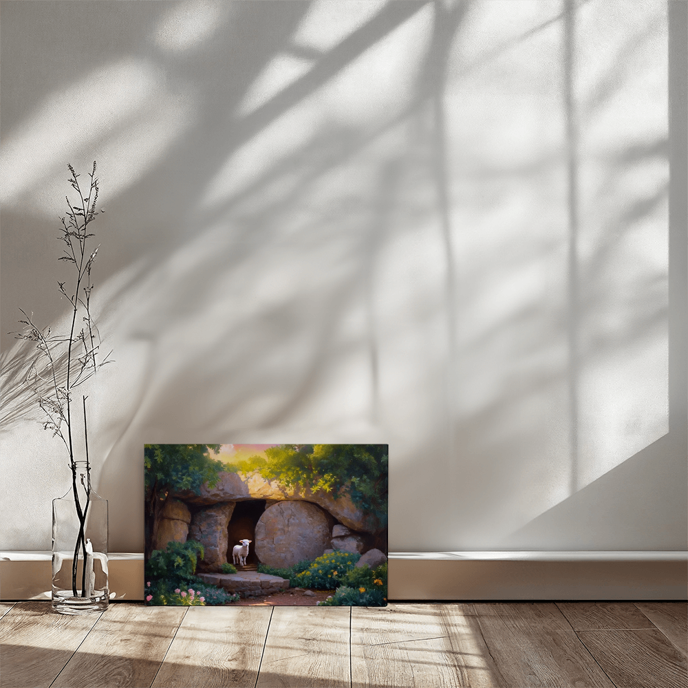 He is Risen, Tomb and Lamb Christian Wall Art  Wrapped Canvas, Easter, 18" x 12", 30" x 20" or 36" x 24"