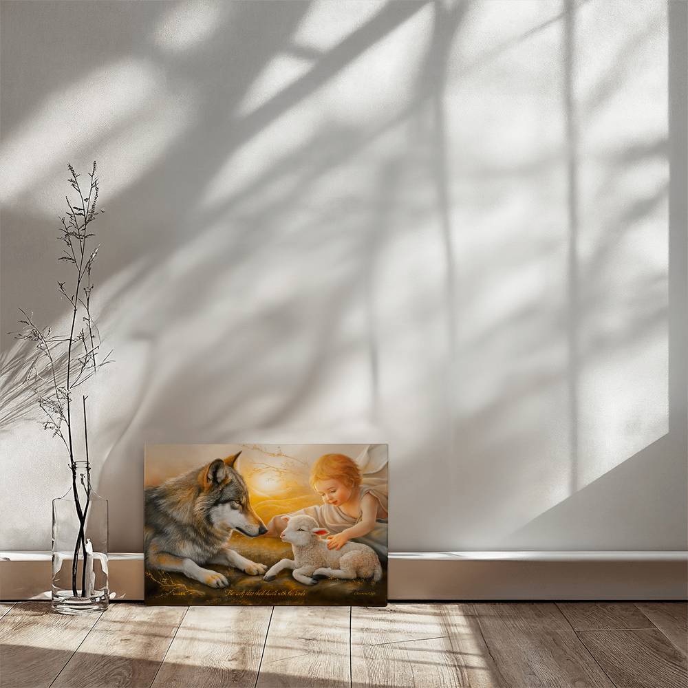 Wolf, Lamb and Child, Gallery Wrapped Christian Wall Art Canvas with Quote