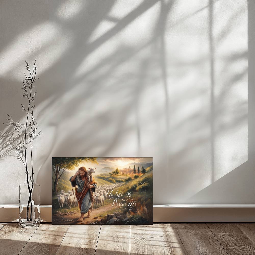 Framed artwork of a shepherd with sheep on a wall in a room with sunlight casting shadows.