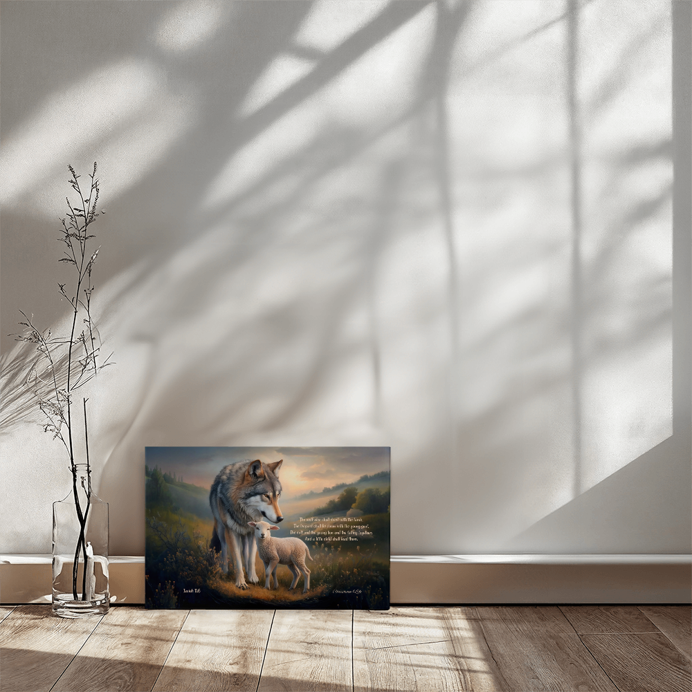 Wolf, Lamb and Child, Christian Wall Art, Gallery Wrapped Canvas, with Isaiah 11:6 Quote