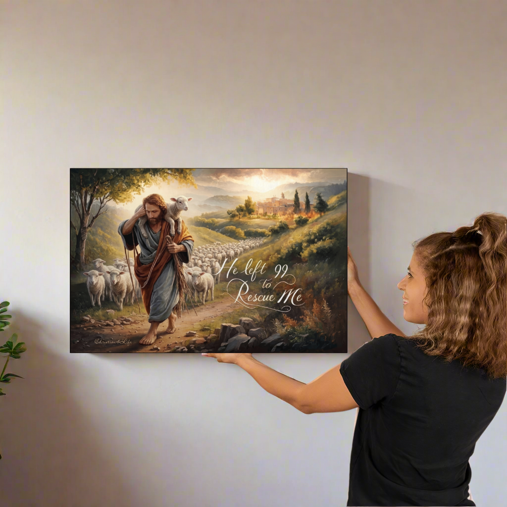 Woman hanging a painting of a shepherd with sheep on a wall