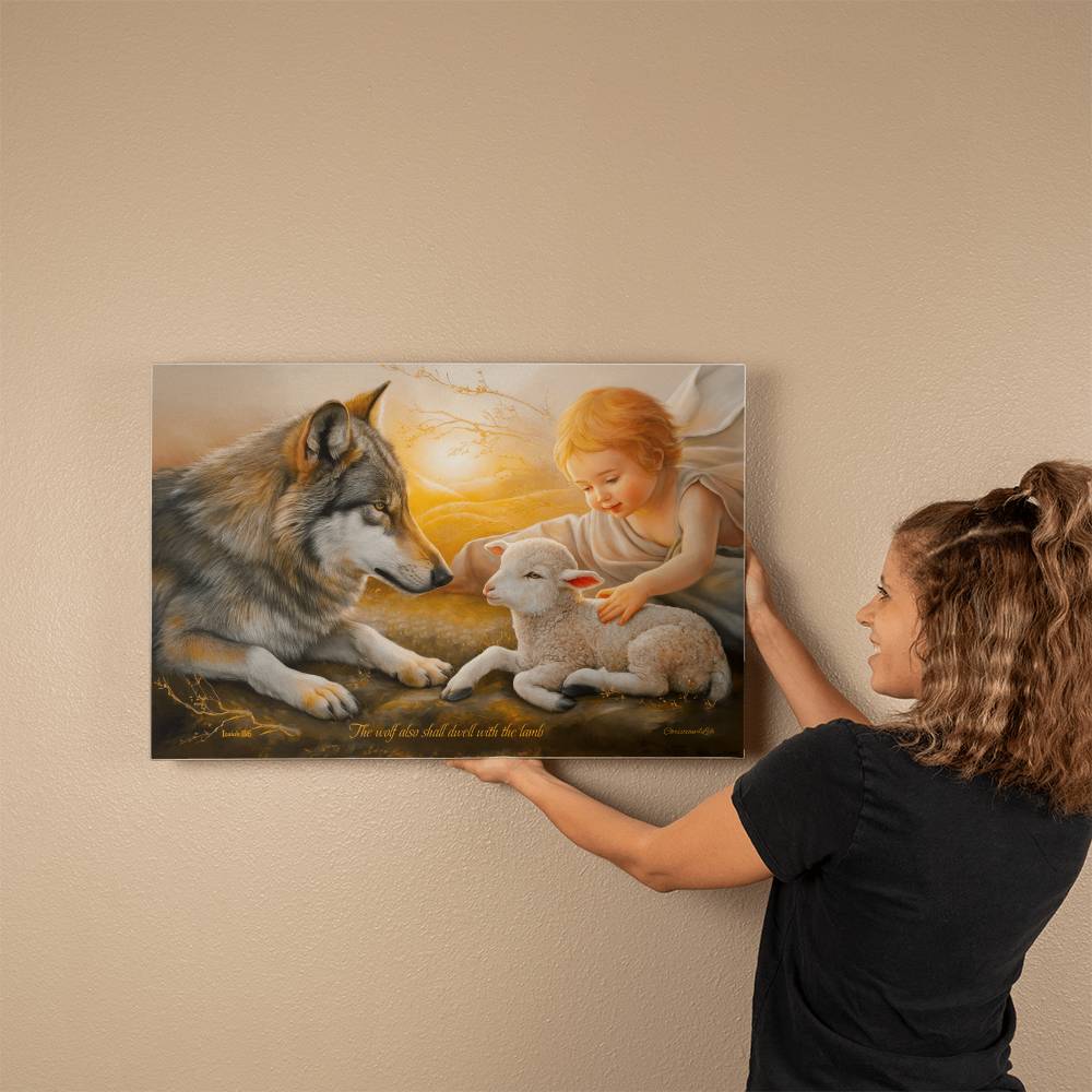 Wolf, Lamb and Child, Gallery Wrapped Christian Wall Art Canvas with Quote