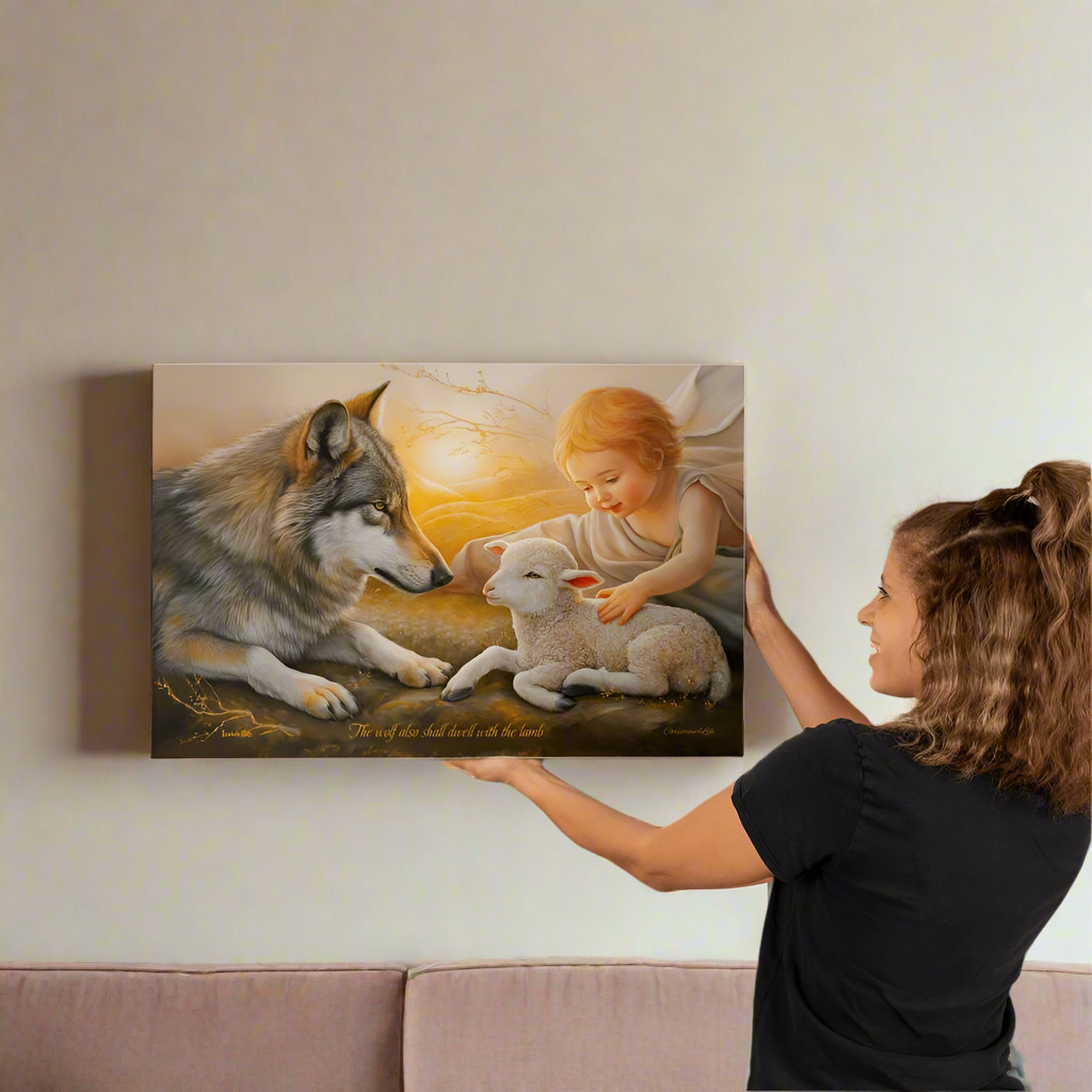 Wolf, Lamb and Child, Gallery Wrapped Christian Wall Art Canvas with Quote