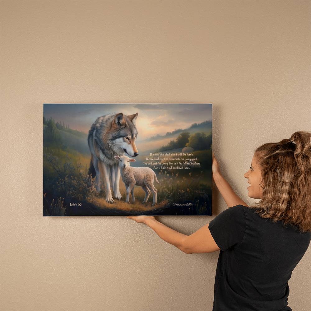 Wolf, Lamb and Child, Christian Wall Art, Gallery Wrapped Canvas, with Isaiah 11:6 Quote