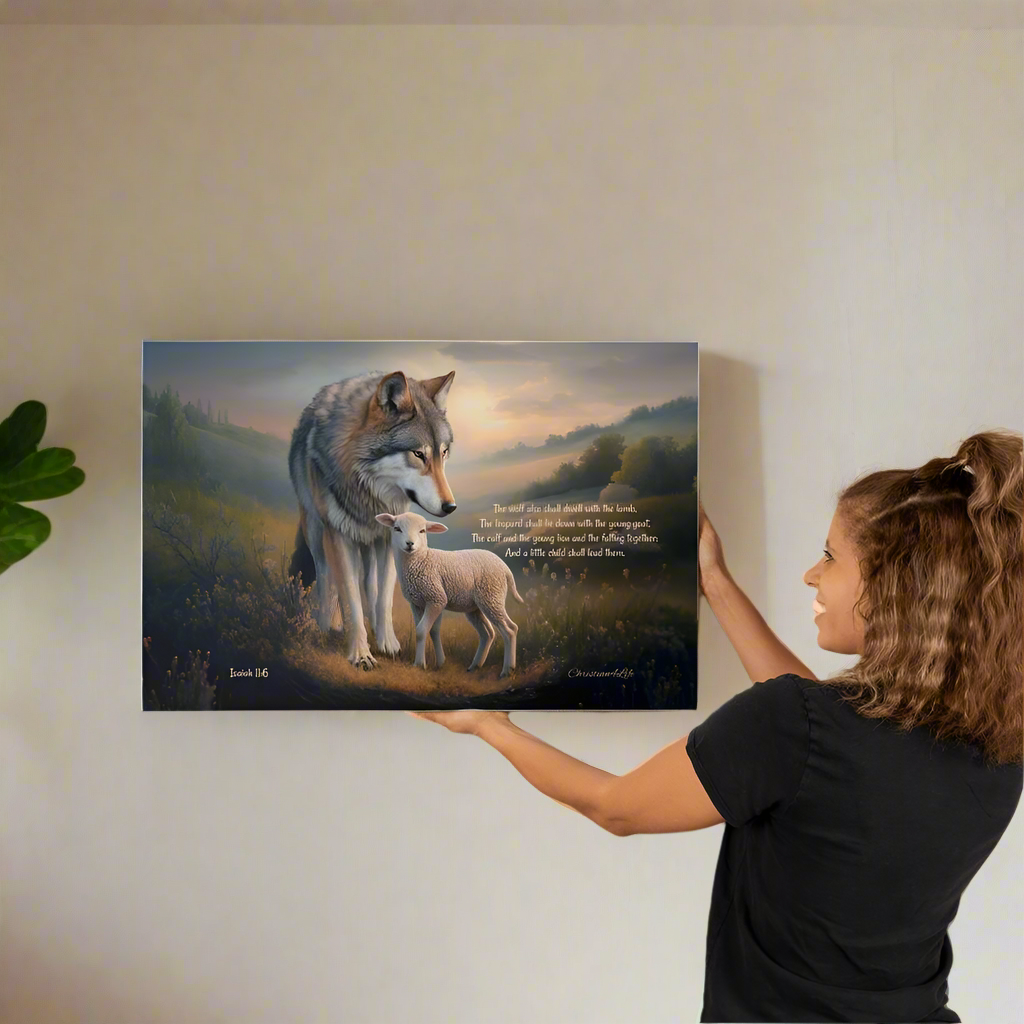 Wolf, Lamb and Child, Christian Wall Art, Gallery Wrapped Canvas, with Isaiah 11:6 Quote