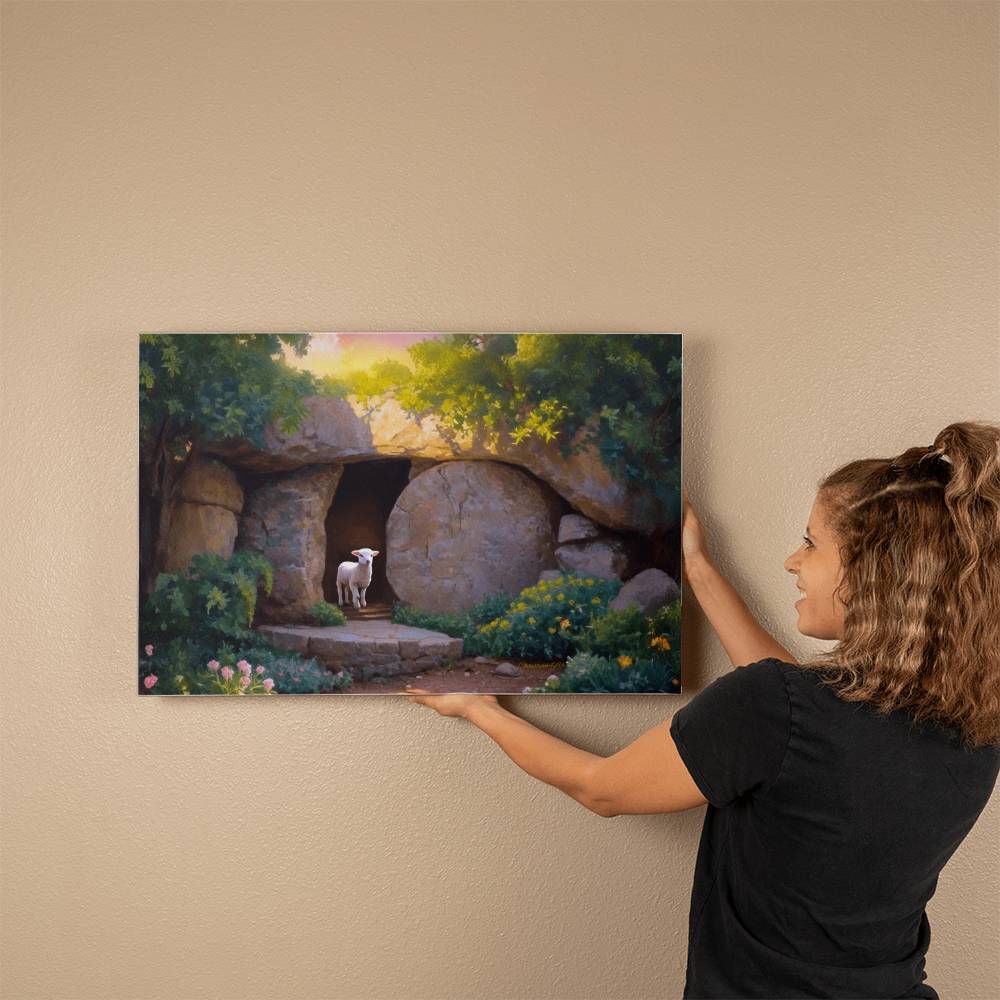 He is Risen, Tomb and Lamb Christian Wall Art  Wrapped Canvas, Easter, 18" x 12", 30" x 20" or 36" x 24"