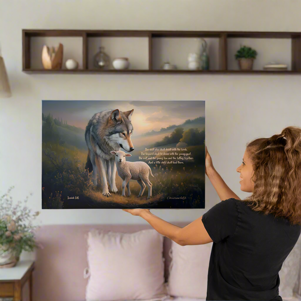 Wolf and Lamb, Christian Wall Art, Gallery Wrapped Canvas, with Isaiah 11:6 Quote