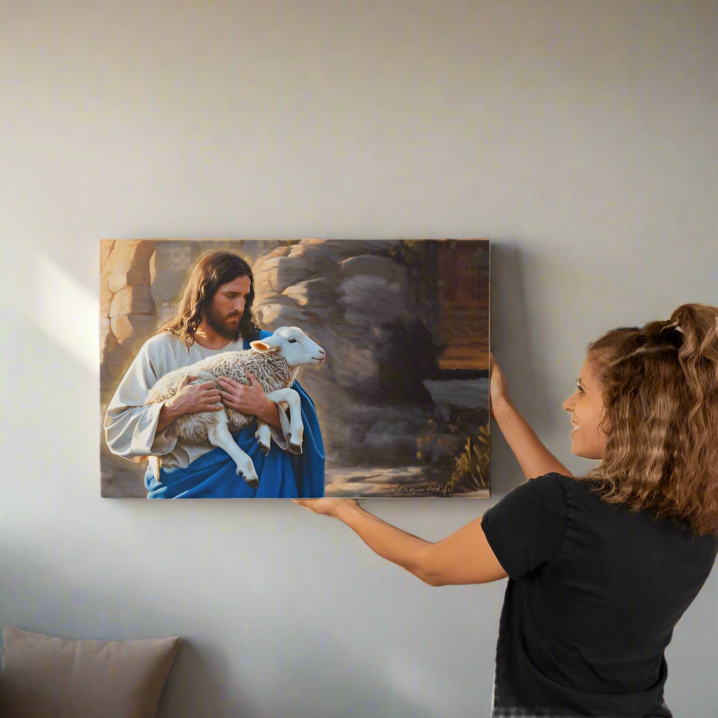 Shepherd holding sheep - Beautiful Gallery Wrapped Christian Wall Art Canvas