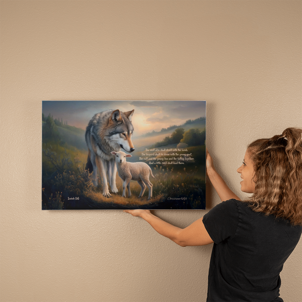 Wolf and Lamb, Christian Wall Art, Gallery Wrapped Canvas, with Isaiah 11:6 Quote