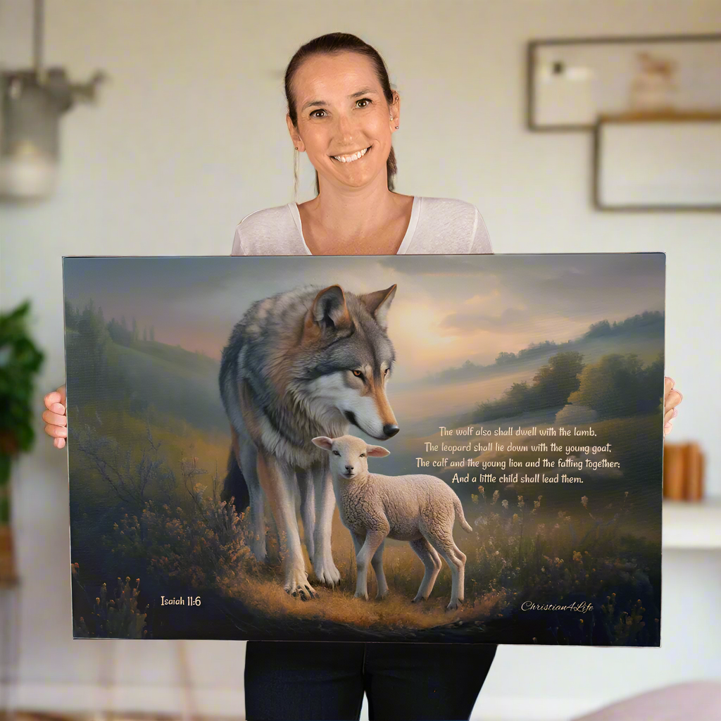 Wolf, Lamb and Child, Christian Wall Art, Gallery Wrapped Canvas, with Isaiah 11:6 Quote