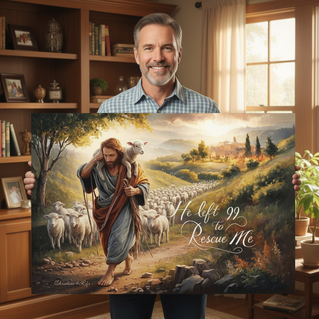 Man holding a painting of Jesus with sheep in a pastoral setting