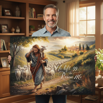 Man holding a painting of Jesus with sheep in a pastoral setting