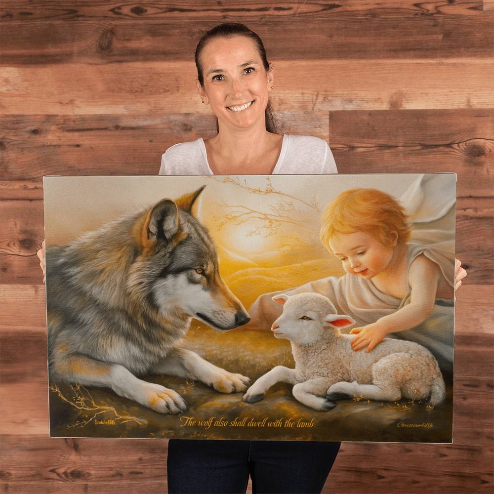 Wolf, Lamb and Child, Gallery Wrapped Christian Wall Art Canvas with Quote