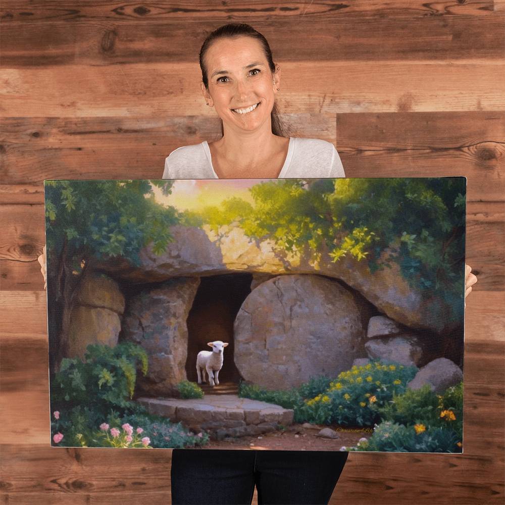 He is Risen, Tomb and Lamb Christian Wall Art  Wrapped Canvas, Easter, 18" x 12", 30" x 20" or 36" x 24"