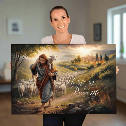 Woman holding a painting of Jesus with sheep and text in a room.
