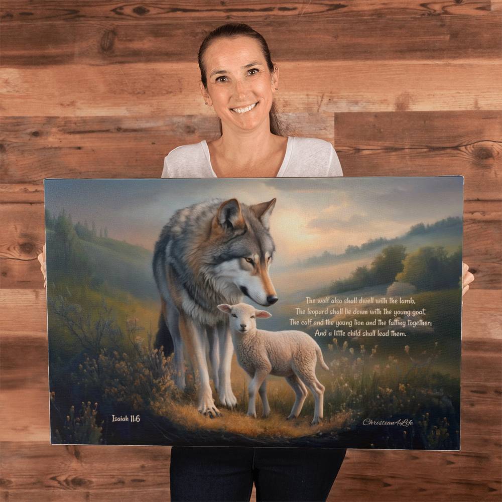 Wolf and Lamb, Christian Wall Art, Gallery Wrapped Canvas, with Isaiah 11:6 Quote