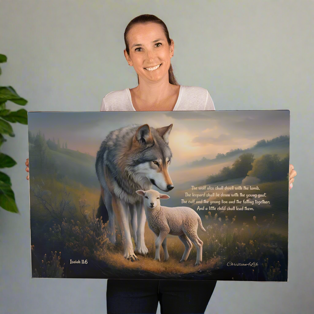 Wolf and Lamb, Christian Wall Art, Gallery Wrapped Canvas, with Isaiah 11:6 Quote