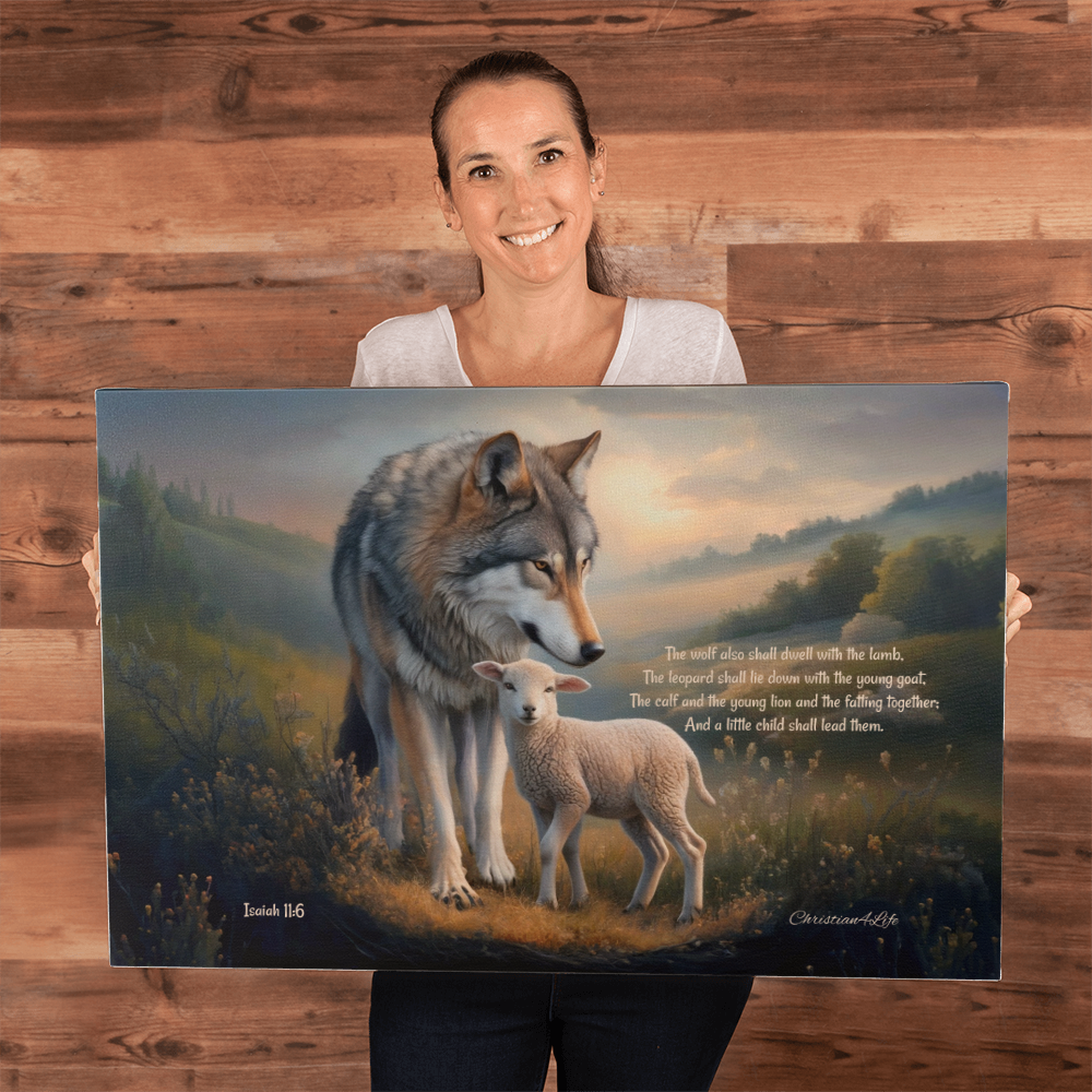 Wolf, Lamb and Child, Christian Wall Art, Gallery Wrapped Canvas, with Isaiah 11:6 Quote