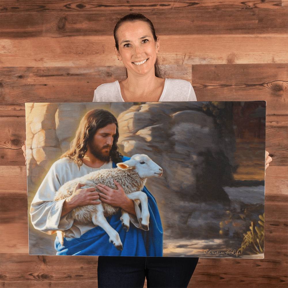 Shepherd holding sheep - Beautiful Gallery Wrapped Christian Canvas Canvas Christian4Life