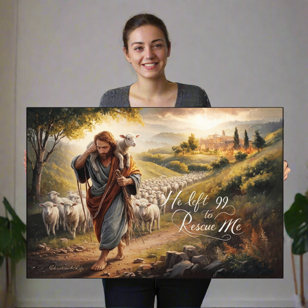 Woman holding a painting of a shepherd with sheep and text 'He lifted 99 to rescue me' in a scenic landscape.