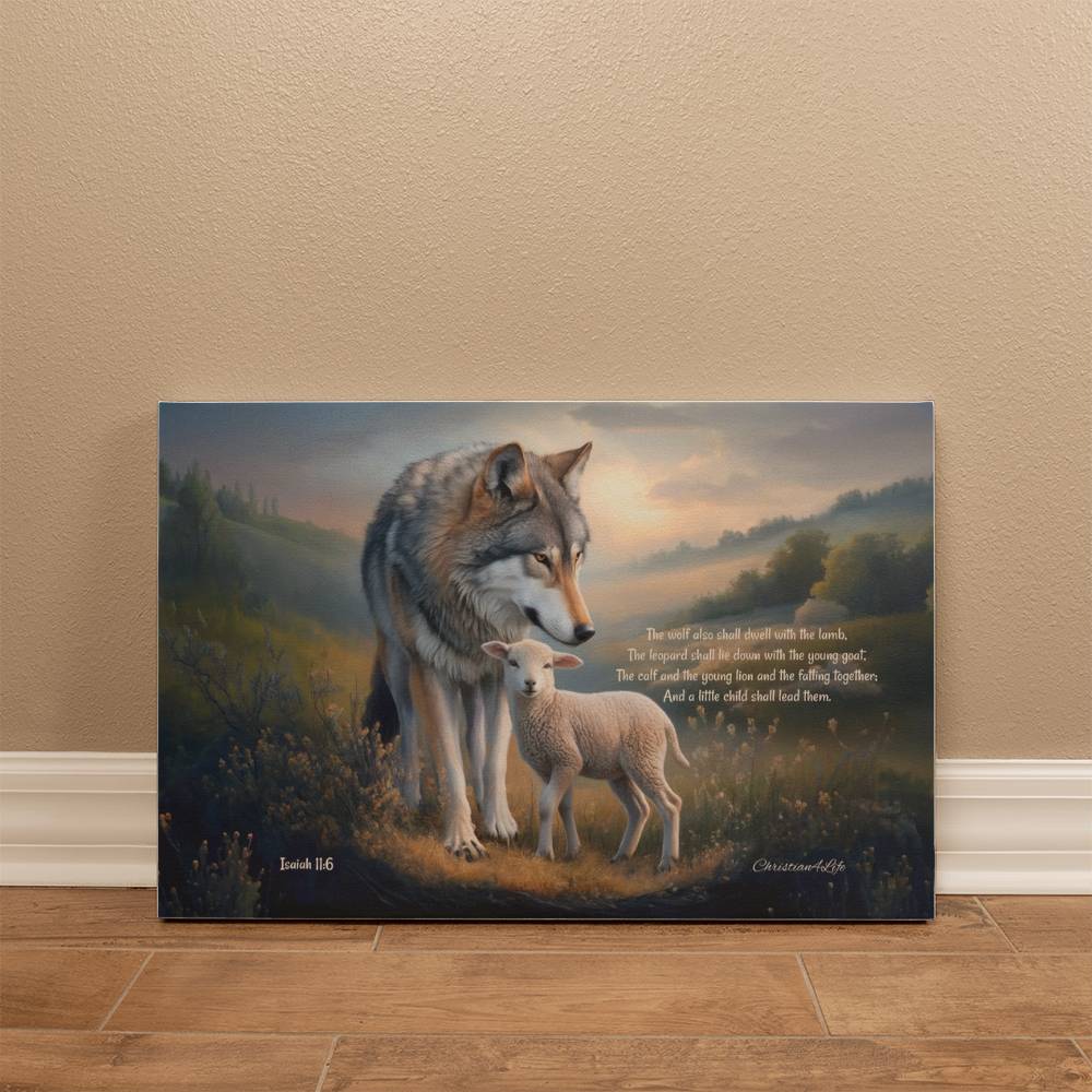 Wolf and Lamb, Christian Wall Art, Gallery Wrapped Canvas, with Isaiah 11:6 Quote