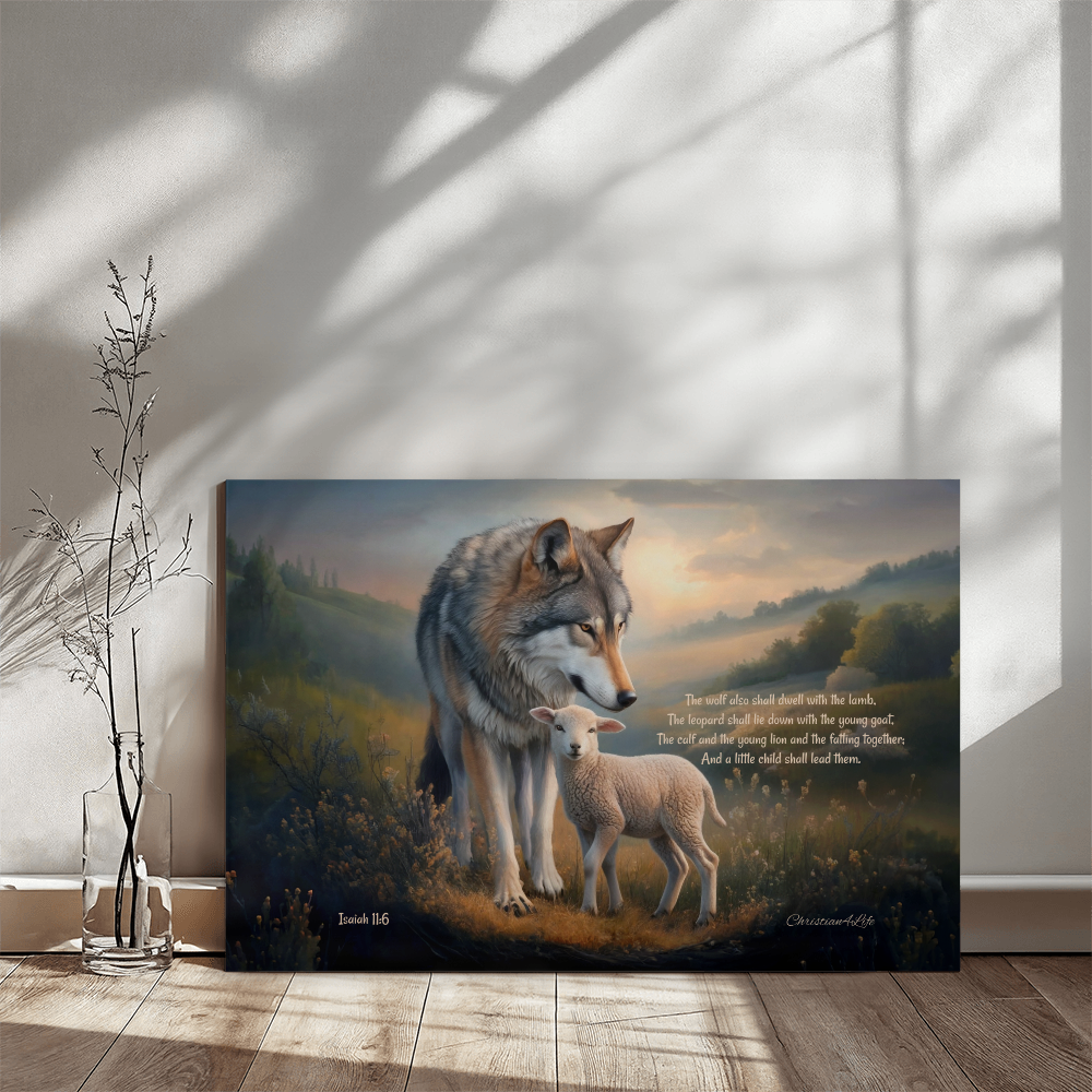 Wolf, Lamb and Child, Christian Wall Art, Gallery Wrapped Canvas, with Isaiah 11:6 Quote