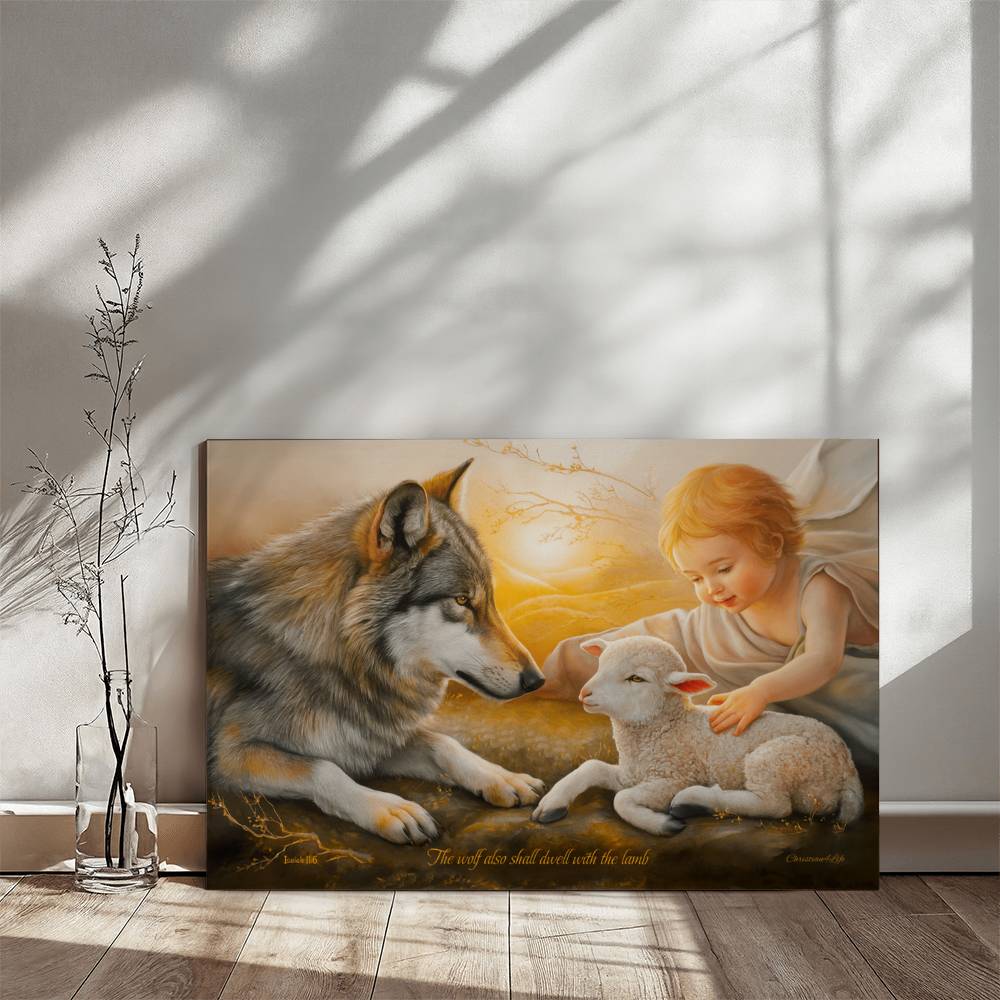 Wolf, Lamb and Child, Gallery Wrapped Christian Wall Art Canvas with Quote