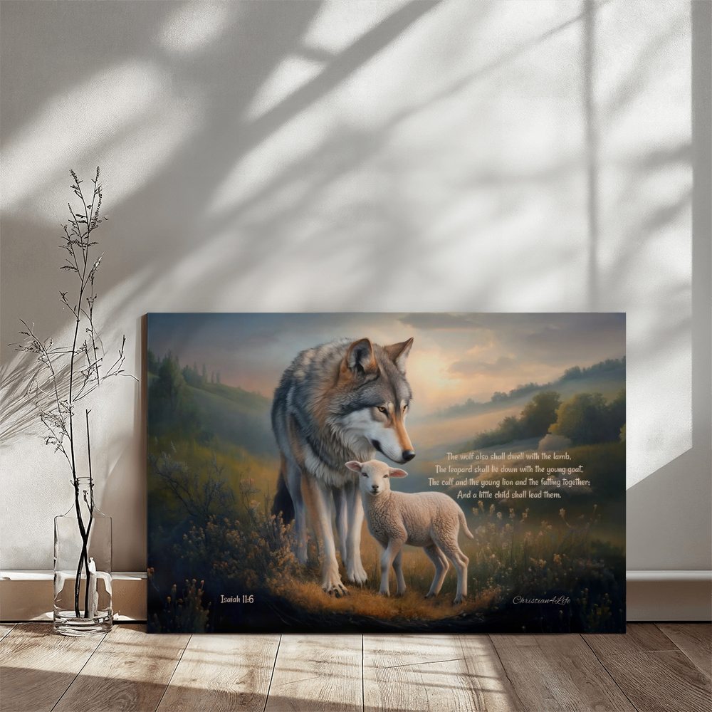 Wolf and Lamb, Christian Wall Art, Gallery Wrapped Canvas, with Isaiah 11:6 Quote