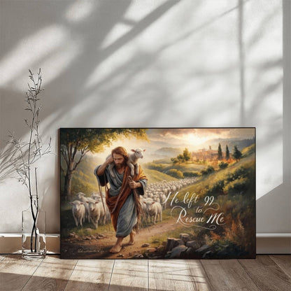Framed artwork of a shepherd with sheep in a pastoral scene on a wall.