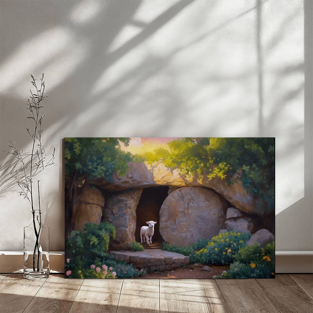 He is Risen, Tomb and Lamb Christian Wall Art  Wrapped Canvas, Easter, 18" x 12", 30" x 20" or 36" x 24"