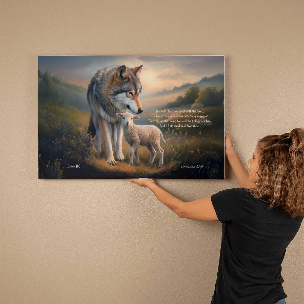 Wolf and Lamb, Christian Wall Art, Gallery Wrapped Canvas, with Isaiah 11:6 Quote