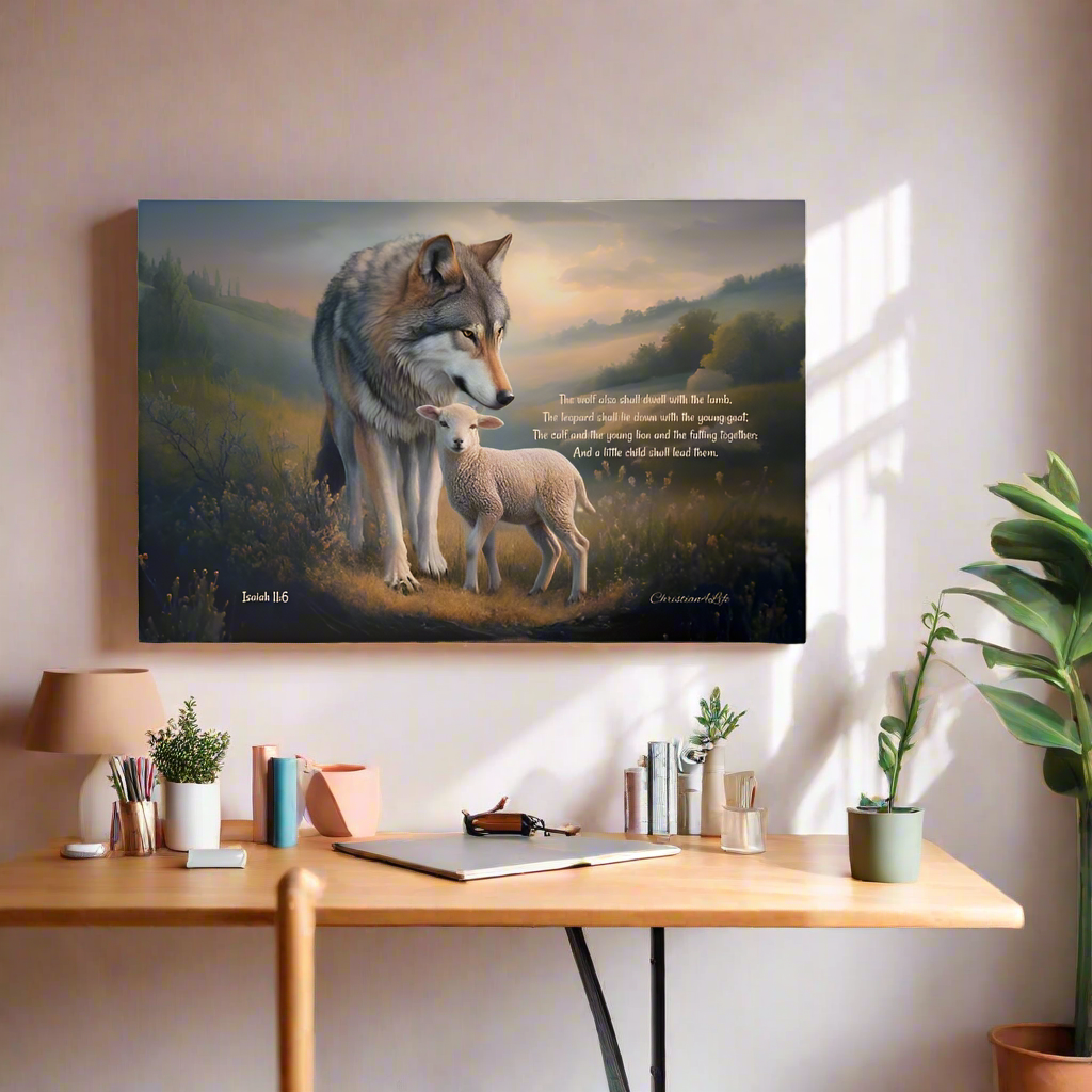 Wolf and Lamb, Christian Wall Art, Gallery Wrapped Canvas, with Isaiah 11:6 Quote