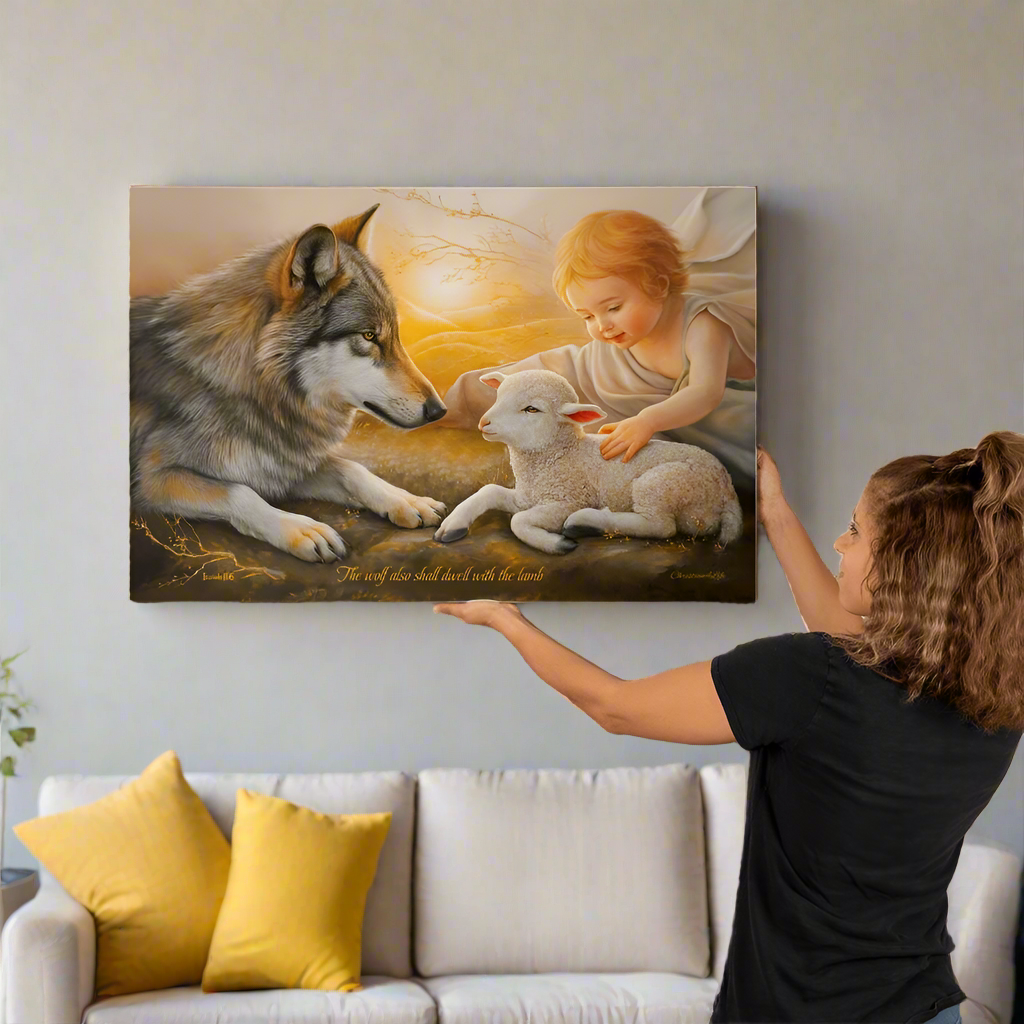 Wolf, Lamb and Child, Gallery Wrapped Christian Wall Art Canvas with Quote