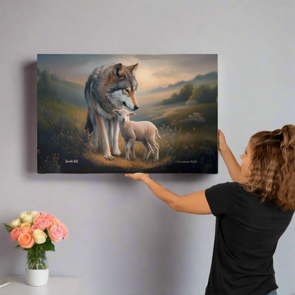 Wolf and Lamb, Christian Wall Art, Gallery Wrapped Canvas, Isaiah 11:6