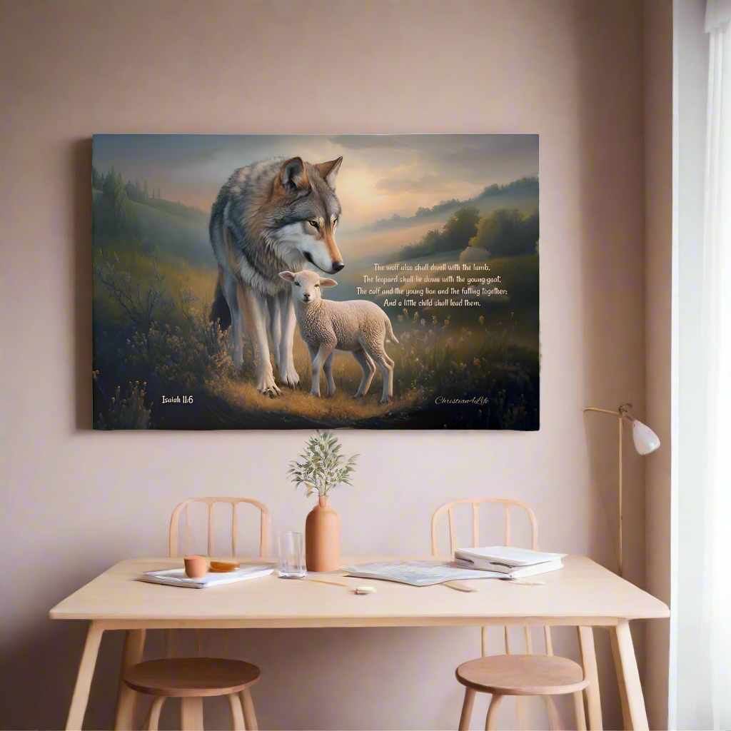 Wolf, Lamb and Child, Christian Wall Art, Gallery Wrapped Canvas, with Isaiah 11:6 Quote