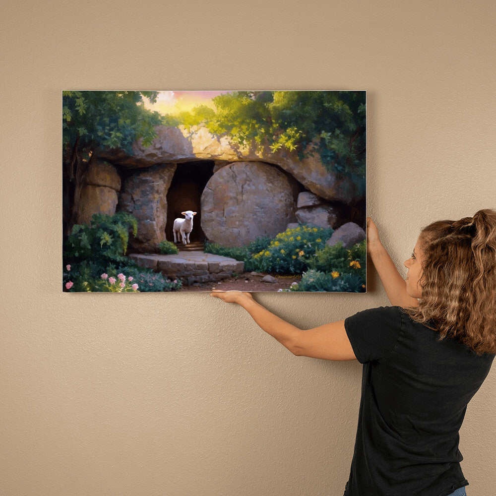 He is Risen, Tomb and Lamb Christian Wall Art  Wrapped Canvas, Easter, 18" x 12", 30" x 20" or 36" x 24"