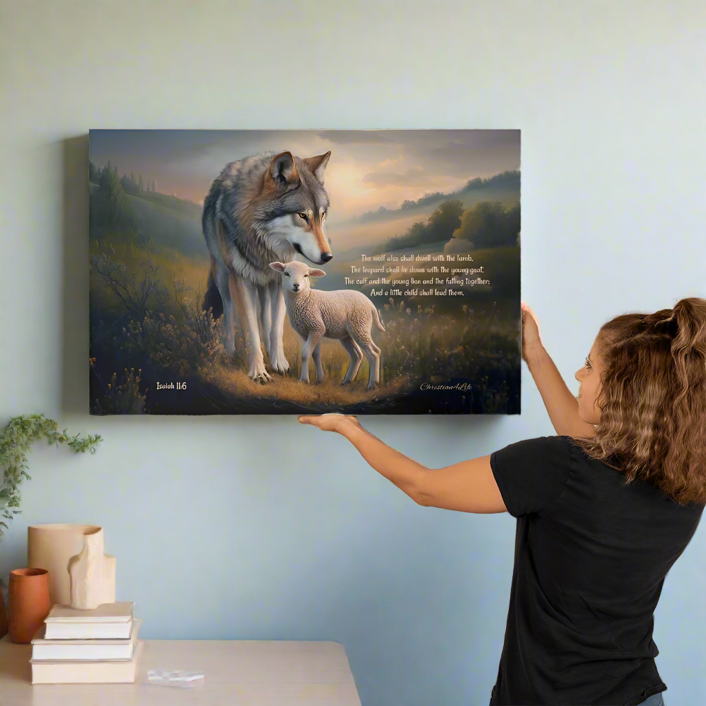 Wolf and Lamb, Christian Wall Art, Gallery Wrapped Canvas, with Isaiah 11:6 Quote