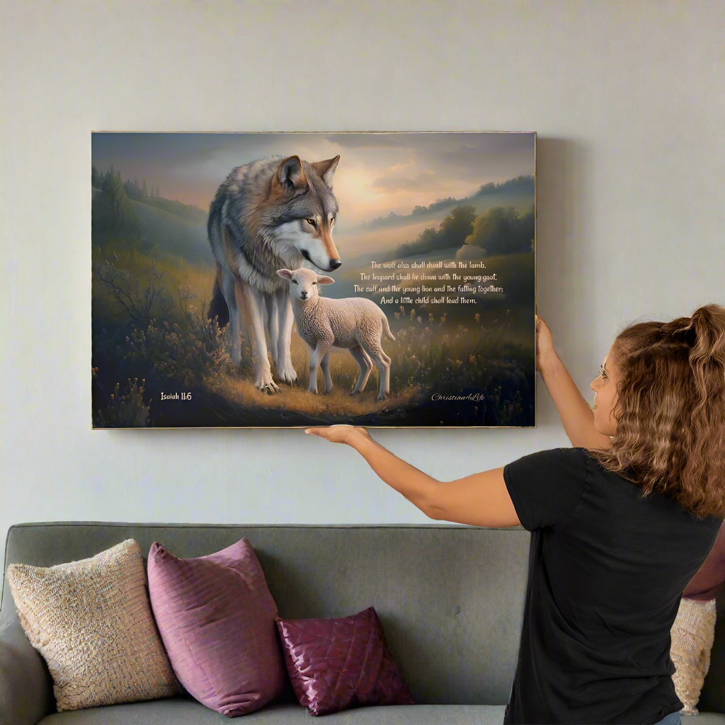 Wolf and Lamb, Christian Wall Art, Gallery Wrapped Canvas, with Isaiah 11:6 Quote