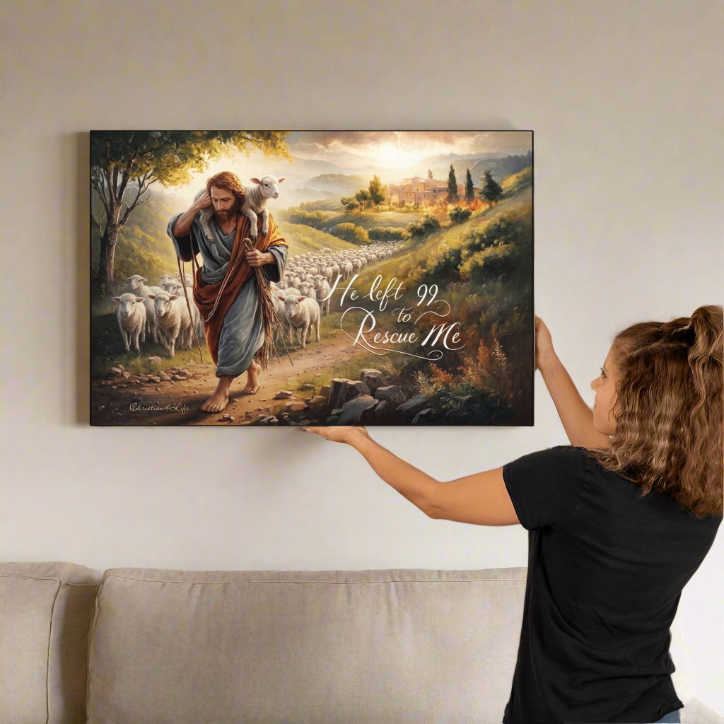 Person hanging a painting of a shepherd with sheep on a wall