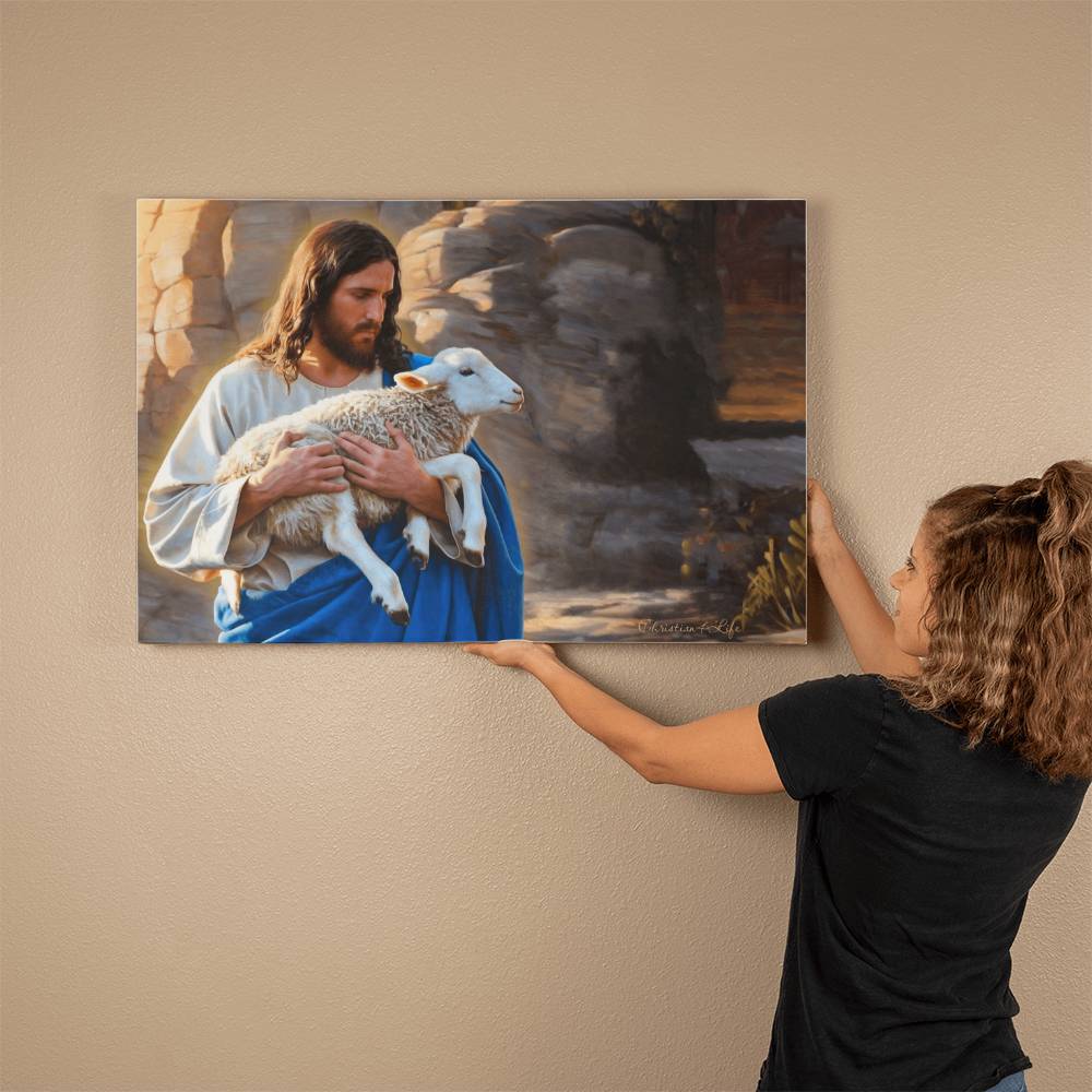 Shepherd holding sheep - Beautiful Gallery Wrapped Christian Canvas Canvas Christian4Life