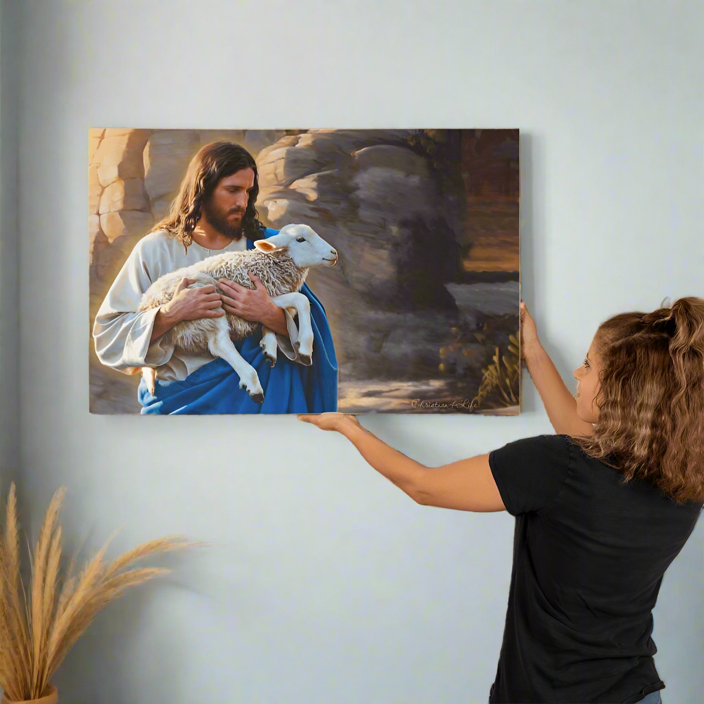 Shepherd holding sheep - Beautiful Gallery Wrapped Christian Wall Art Canvas